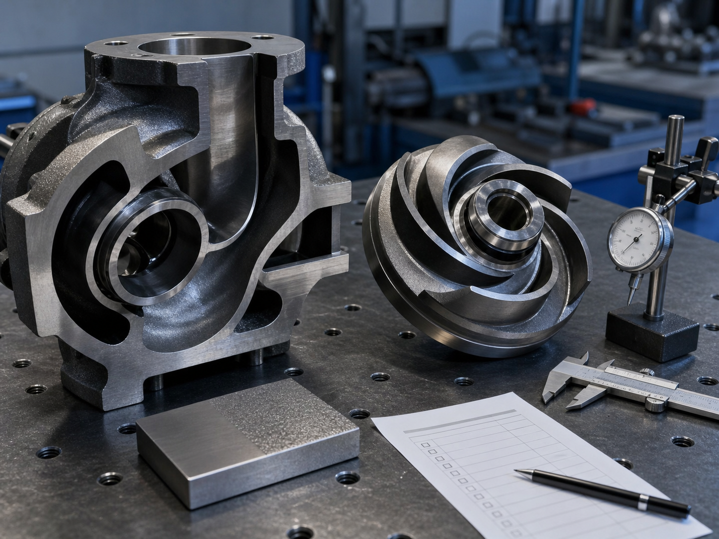 CD4MCuN pump casing and impeller dimensional inspection with caliper and dial indicator