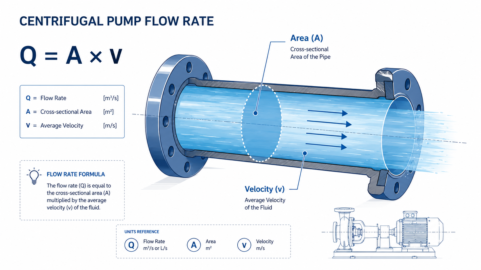 Diagram explaining the centrifugal pump flow rate formula Q equals A times V with pipe cross-section area and fluid velocity vectors