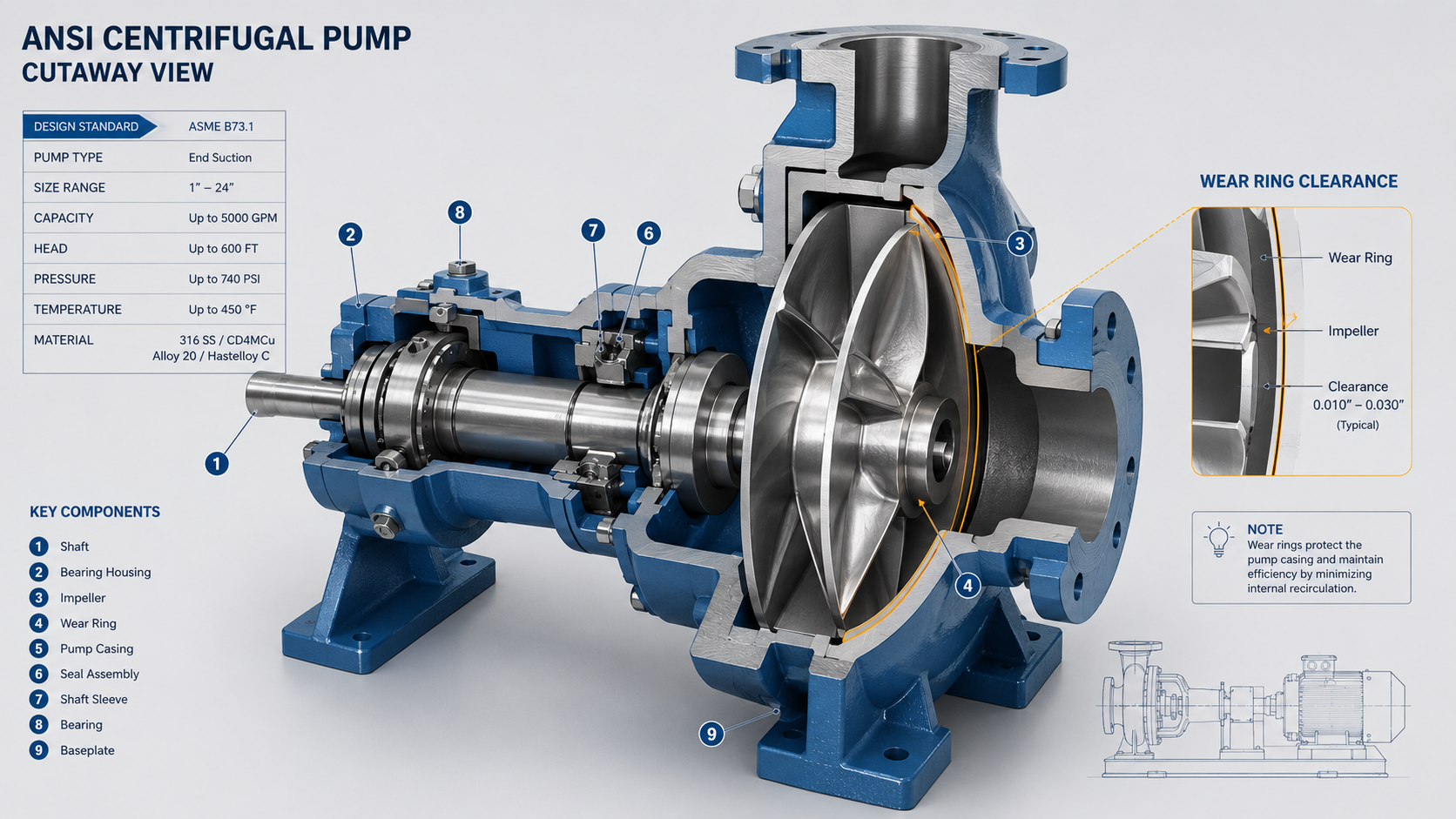 Cross-section view of an ANSI centrifugal pump showing the impeller and wear ring clearance affecting flow rate performance