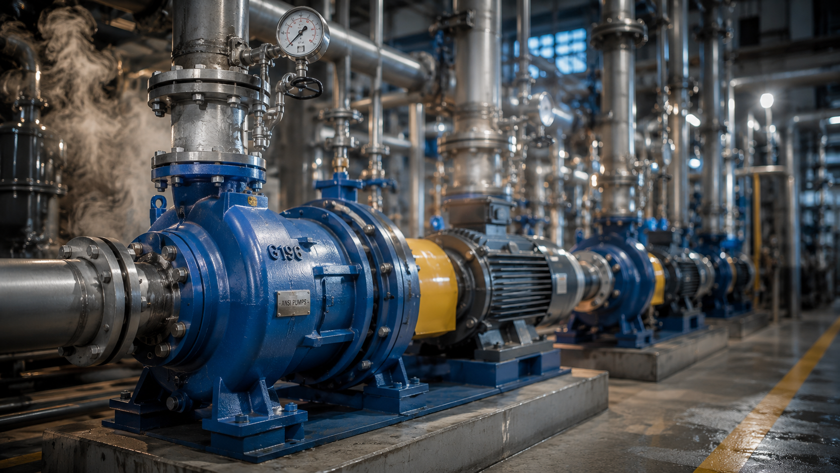 Heavy-duty ANSI chemical process pumps installed in a modern chemical processing plant pipeline system