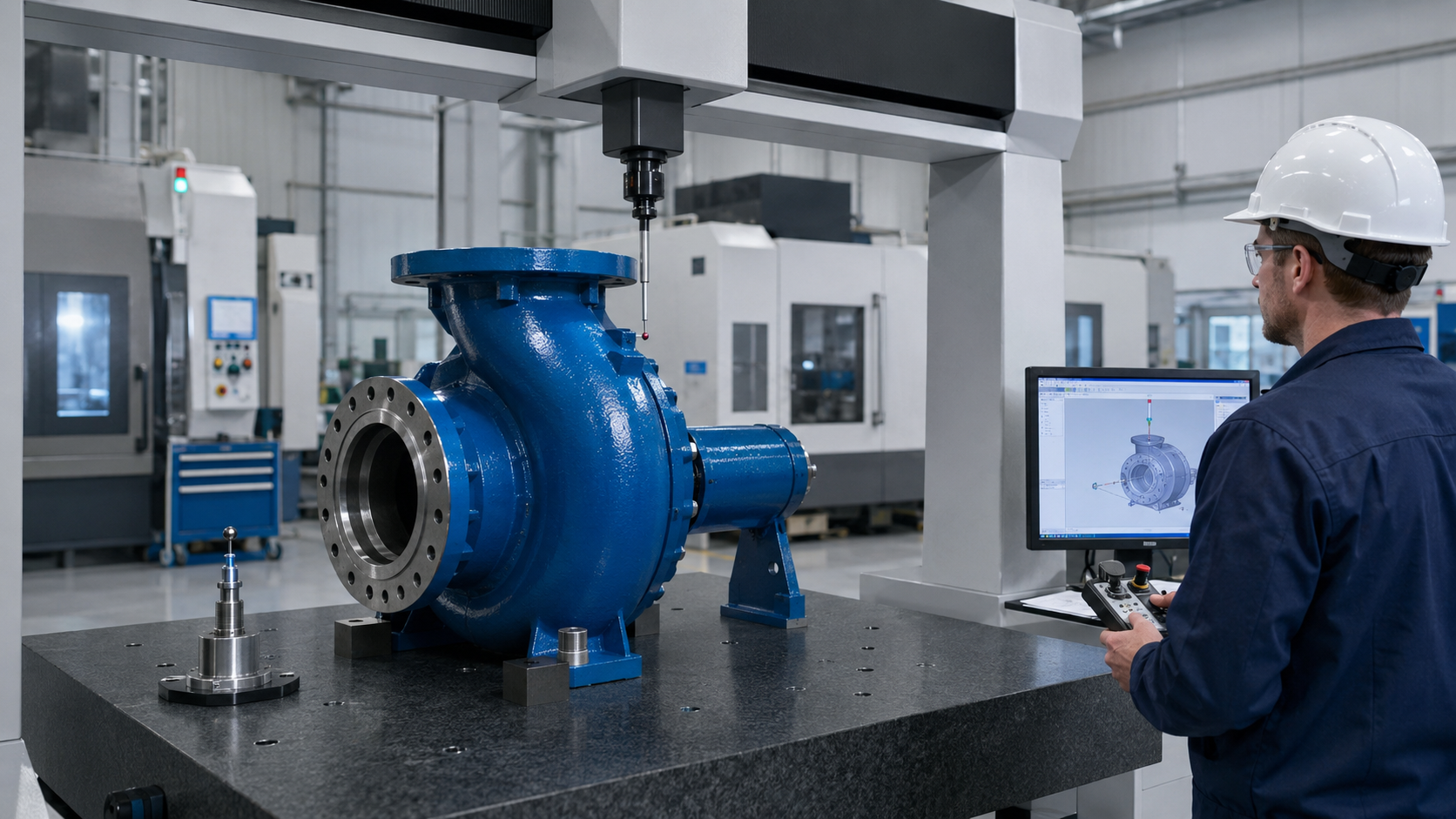 CMM inspection measuring ANSI process pump casing dimensions for Goulds 3196 replacement compatibility