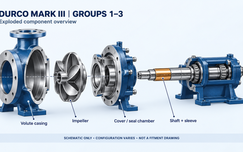 Exploded engineering-style schematic showing the volute casing, impeller, cover and seal chamber, and shaft with sleeve. Configuration varies; not a dimensional or fitment drawing.