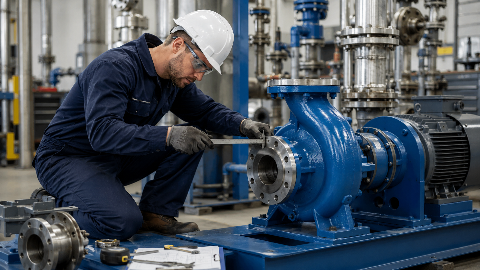 Engineer verifying a replacement pump for a Durco Mark III installation