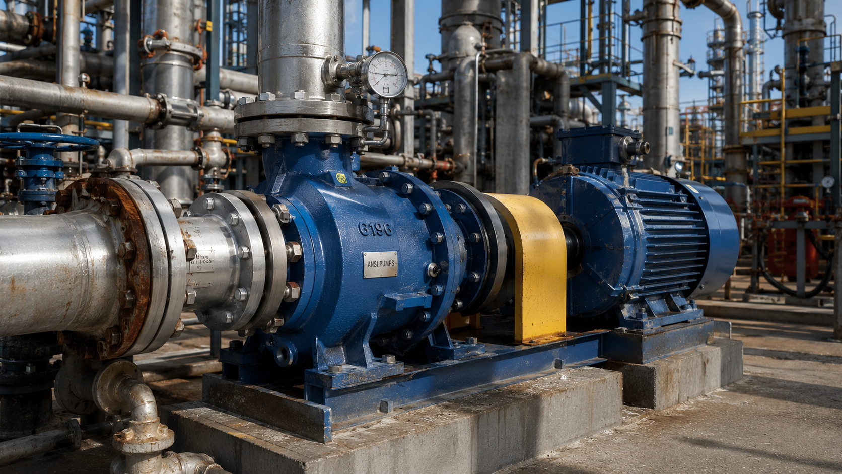 Heavy-duty chemical process pump wet-end replacement installed in an industrial plant facility