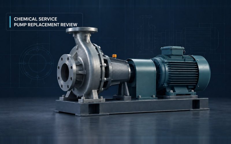 AI-generated conceptual illustration of a generic horizontal process pump labeled for chemical-service pump replacement review