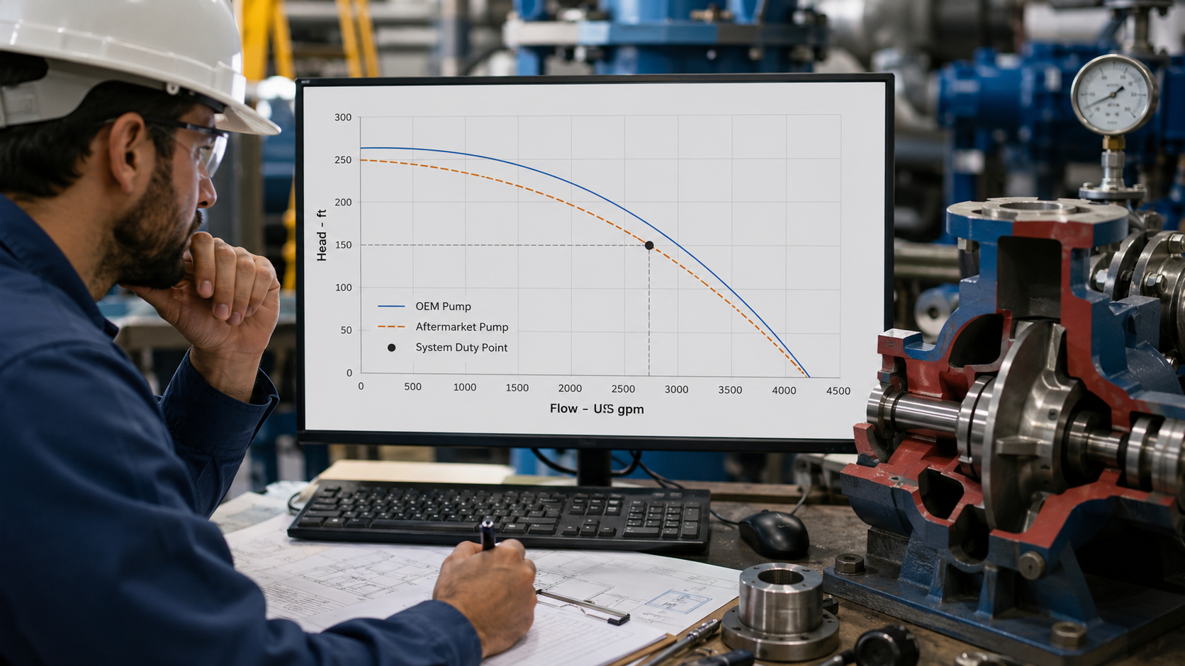 Pump curve comparison for an OEM Goulds 3196 and an aftermarket replacement