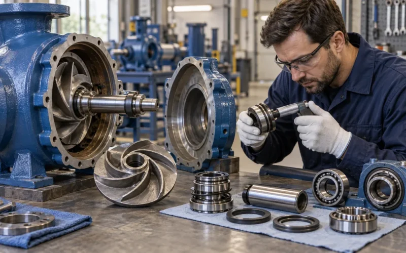 ANSI process pump opened for inspection beside a mechanical seal, shaft sleeve, and bearings.