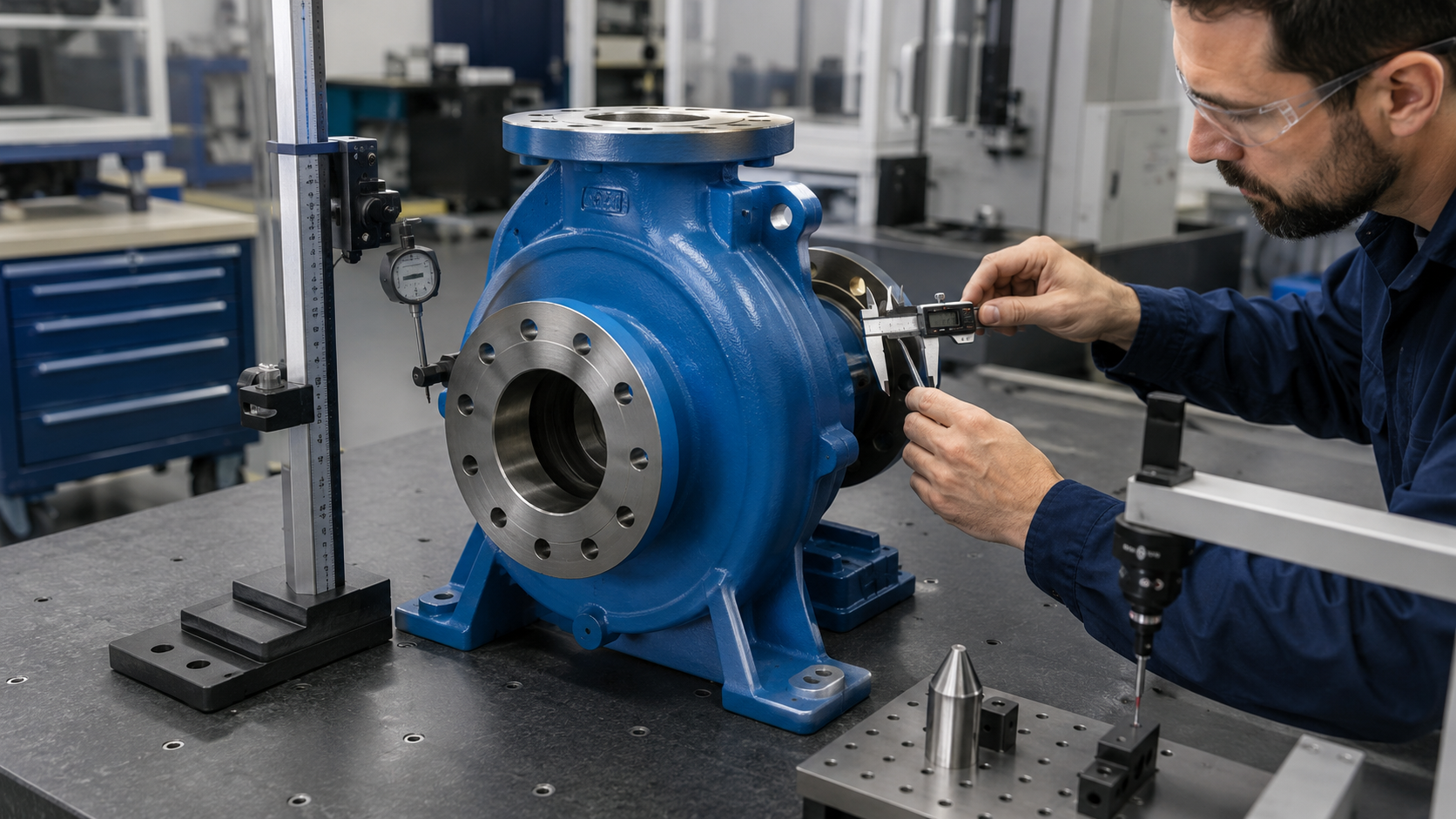 Dimensional inspection of a Goulds 3196 replacement pump casing and mounting interfaces