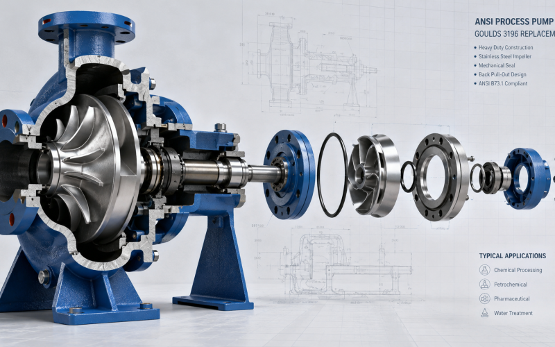 Dimensionally interchangeable replacement pump for Goulds 3196 ANSI standard — drop-in fit with zero piping modifications