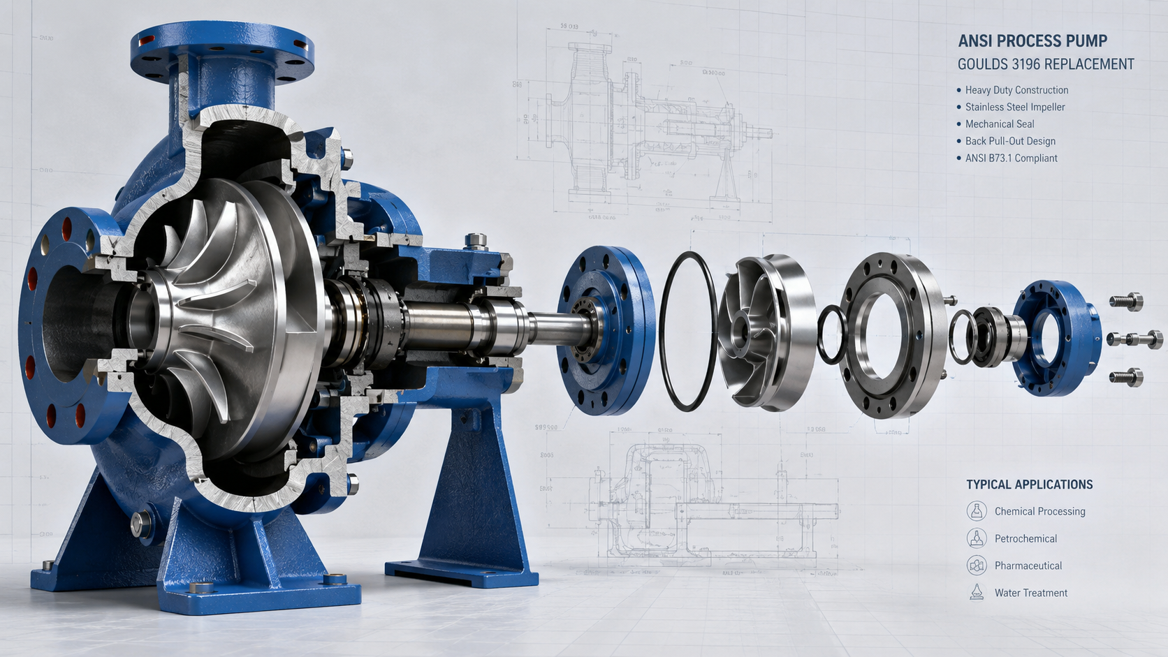Dimensionally interchangeable replacement pump for Goulds 3196 ANSI standard — drop-in fit with zero piping modifications