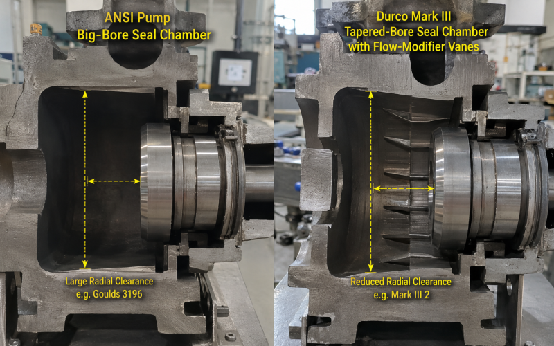 Technical comparison of a big-bore cylindrical seal chamber vs a Durco style tapered-bore seal chamber for ANSI chemical process pumps.