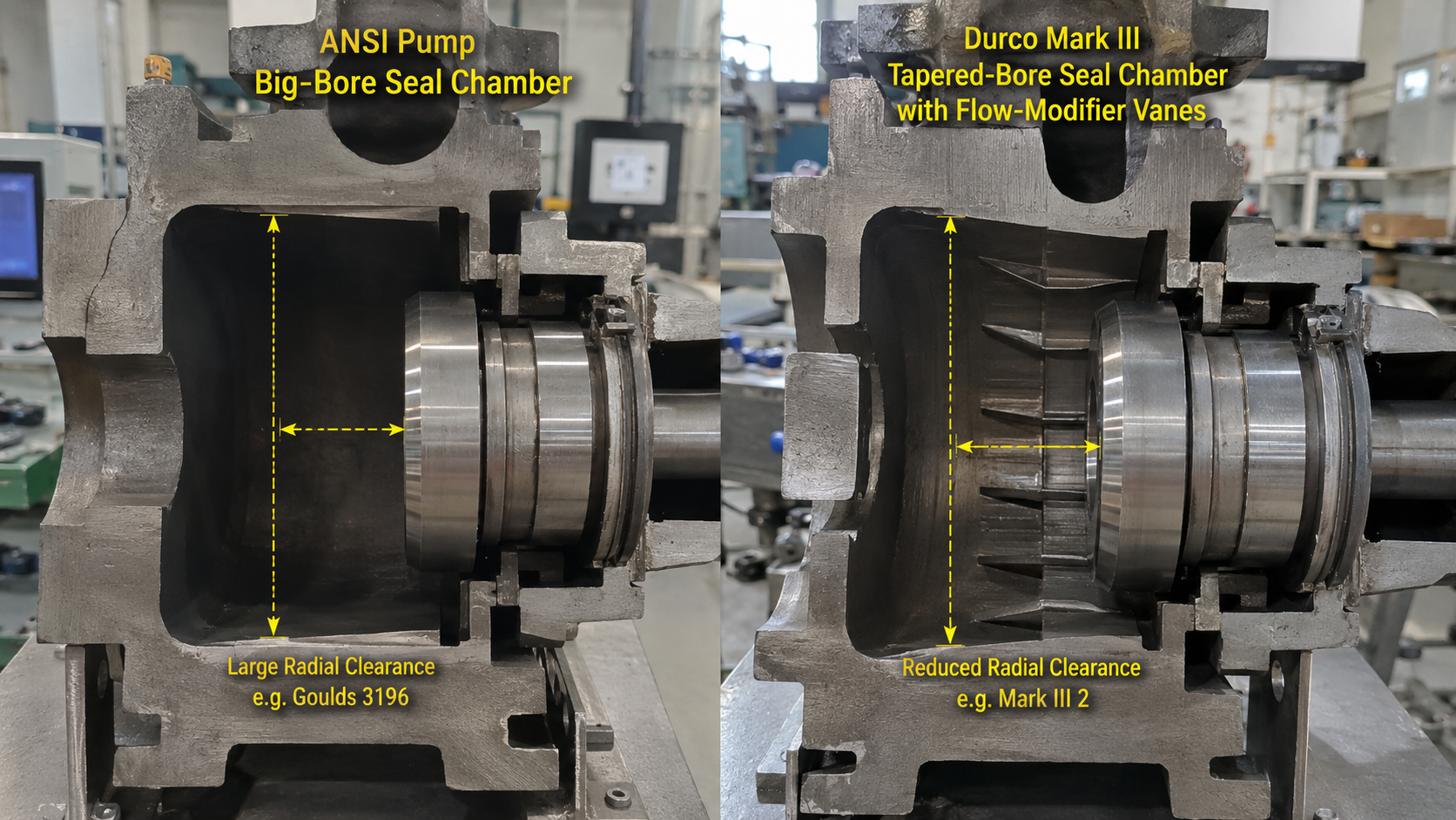 Technical comparison of a big-bore cylindrical seal chamber vs a Durco style tapered-bore seal chamber for ANSI chemical process pumps.