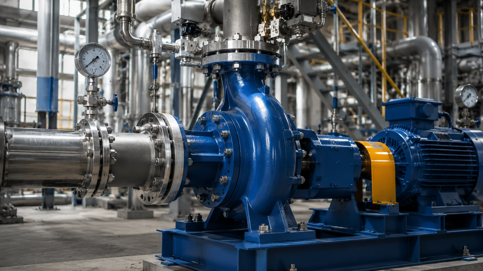 Heavy-duty horizontal centrifugal pumps installed in a chemical processing plant