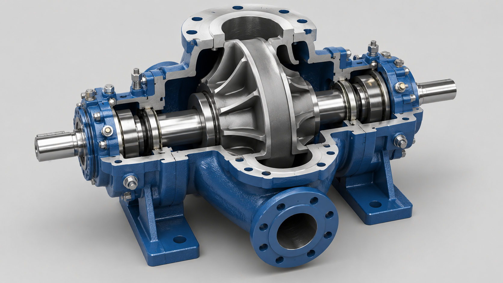 Axially split-case horizontal centrifugal pump design with double suction impeller