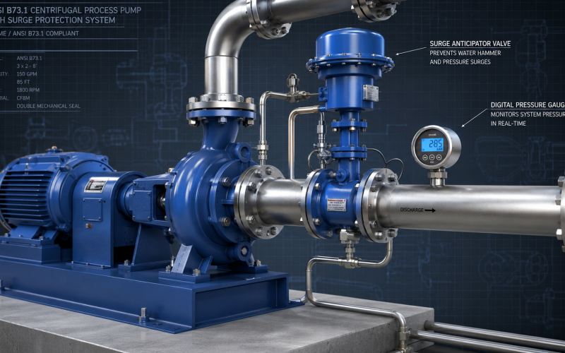 Technical diagram illustrating the destructive hydraulic surge wave traveling back to an ANSI pump volute casing during water hammer