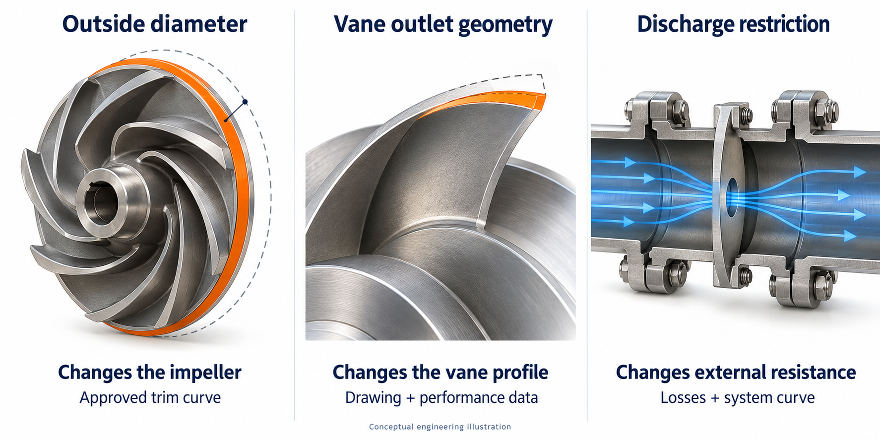 Conceptual CAD illustrations comparing centrifugal impeller outside-diameter trimming, local vane-outlet modification and an orifice restriction in the discharge pipe.