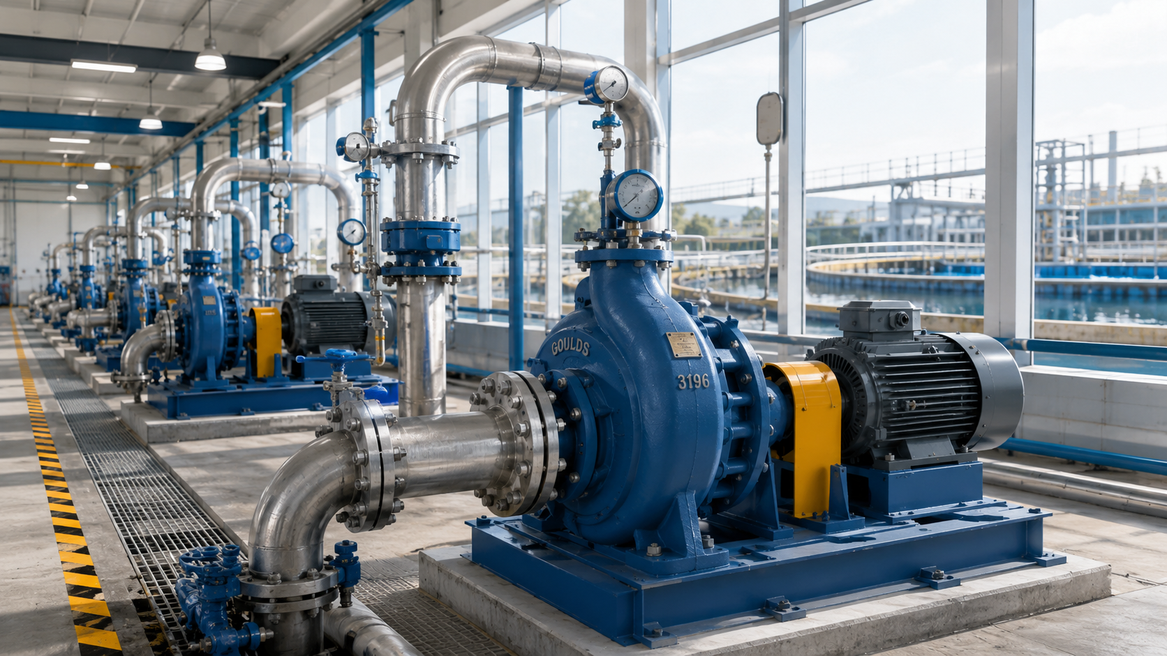 ANSI standard process pumps running in an industrial manufacturing facility