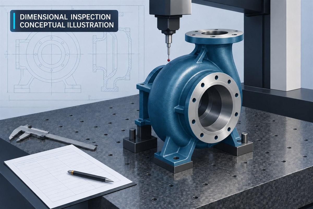 AI-generated illustration labeled dimensional inspection, showing a coordinate-measuring probe checking a generic process-pump casing
