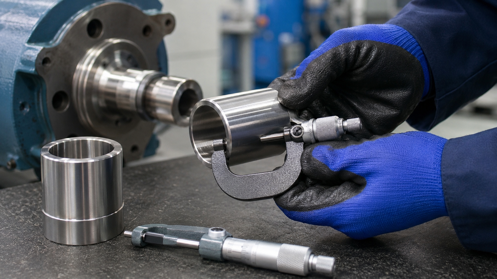 Micrometer inspection of pump shaft sleeve inside and outside diameters