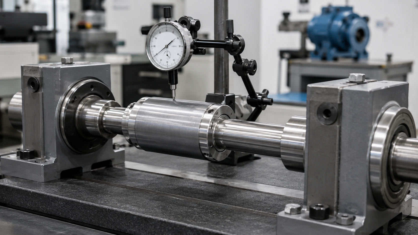 Dial indicator checking assembled pump shaft sleeve runout