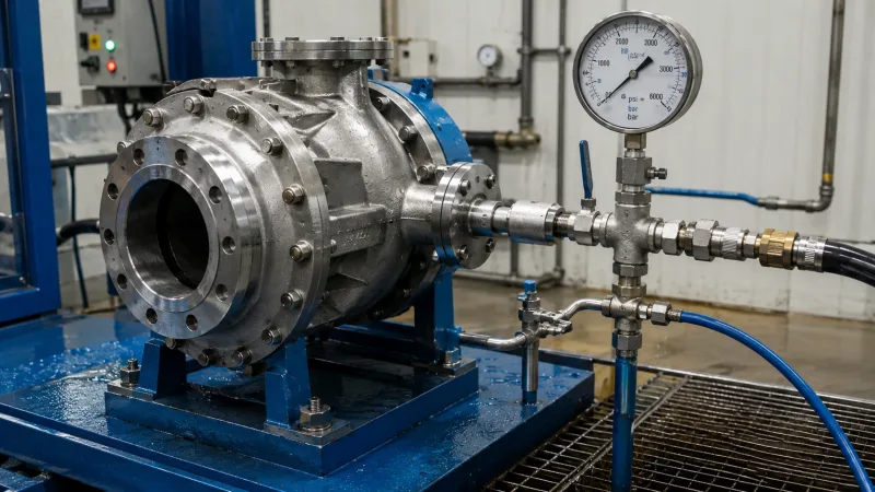 Dial indicator measuring shaft sleeve runout on an ANSI process pump assembly
