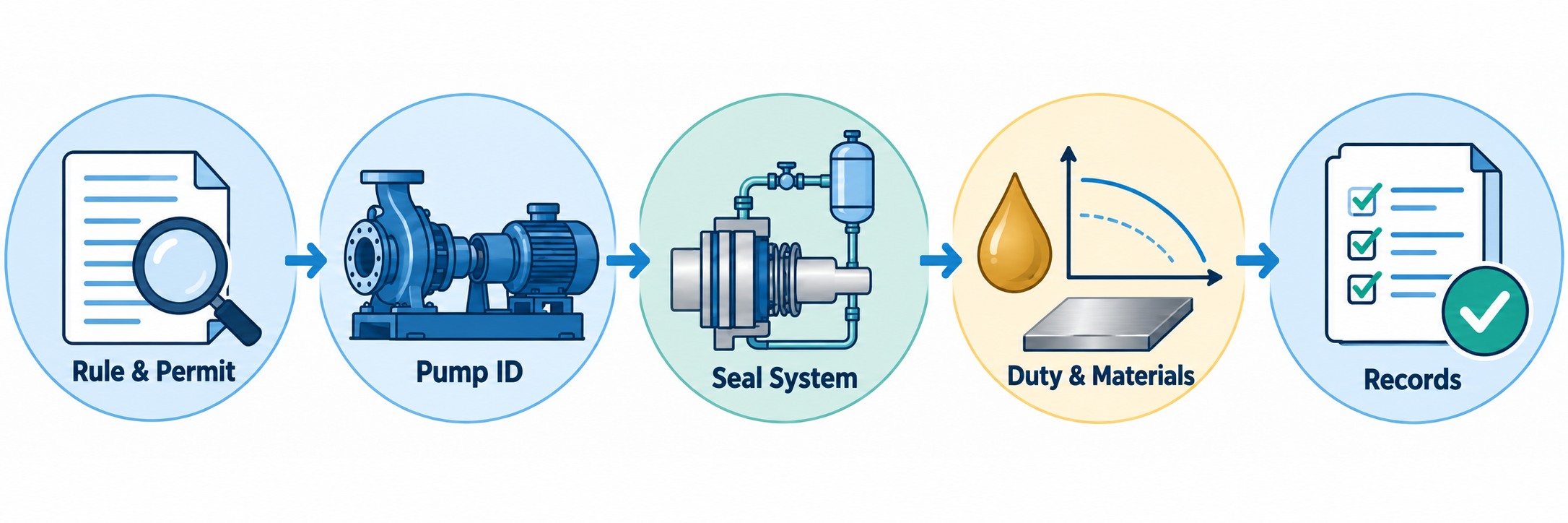 Five labeled steps for a VOC-service pump review: Rule & Permit, Pump ID, Seal System, Duty & Materials, and Records.