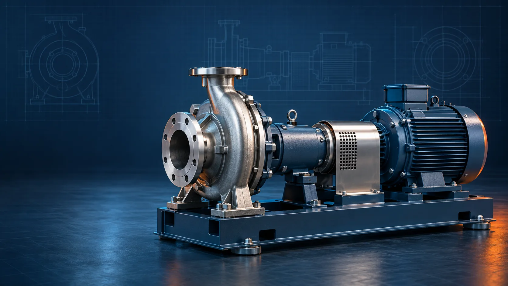 Engineering illustration of an AHLSTAR replacement pump, motor and baseplate