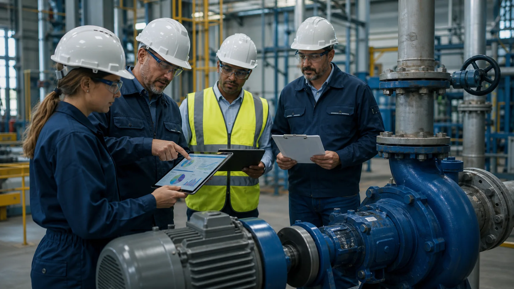 Illustration of a team reviewing ANSI pump lifecycle cost, energy, maintenance and spare-parts data.
