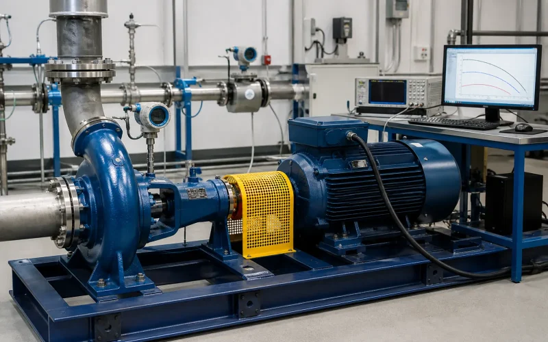 Centrifugal pump efficiency and absorbed-power test bench illustrating pump power verification for this specific-gravity article.