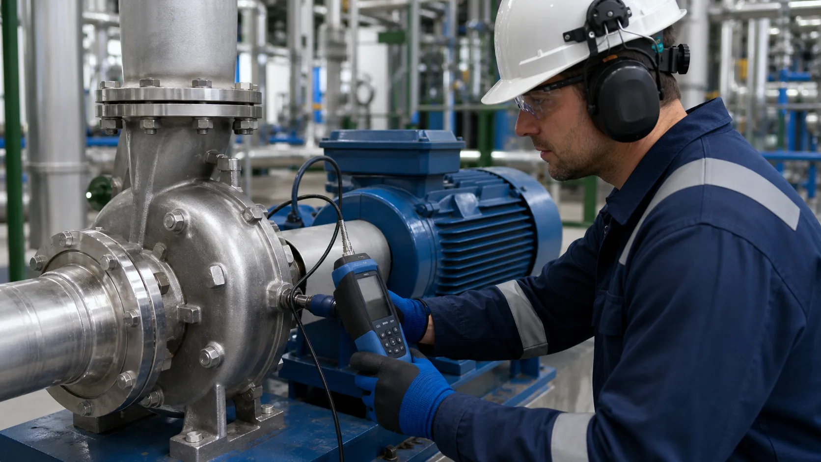 Technician taking a vibration reading on an ANSI centrifugal pump bearing housing