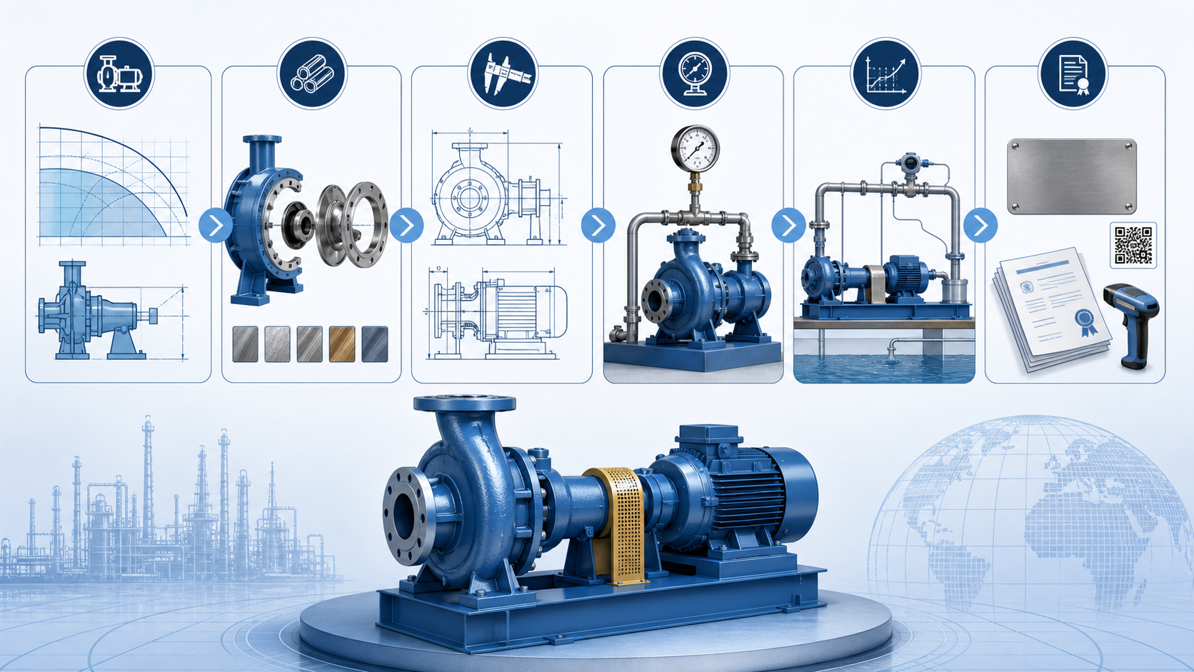ANSI pump compliance workflow covering duty, materials, dimensions, testing and traceability