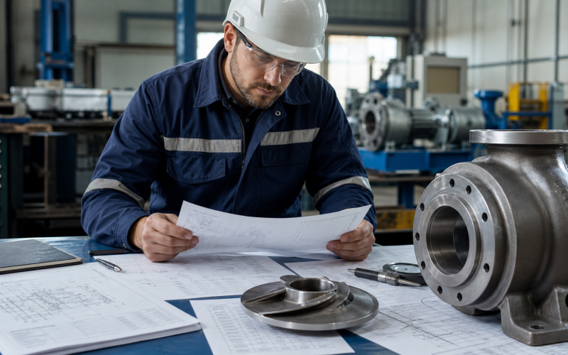 Maintenance engineer reviewing ANSI pump standards compliance documents