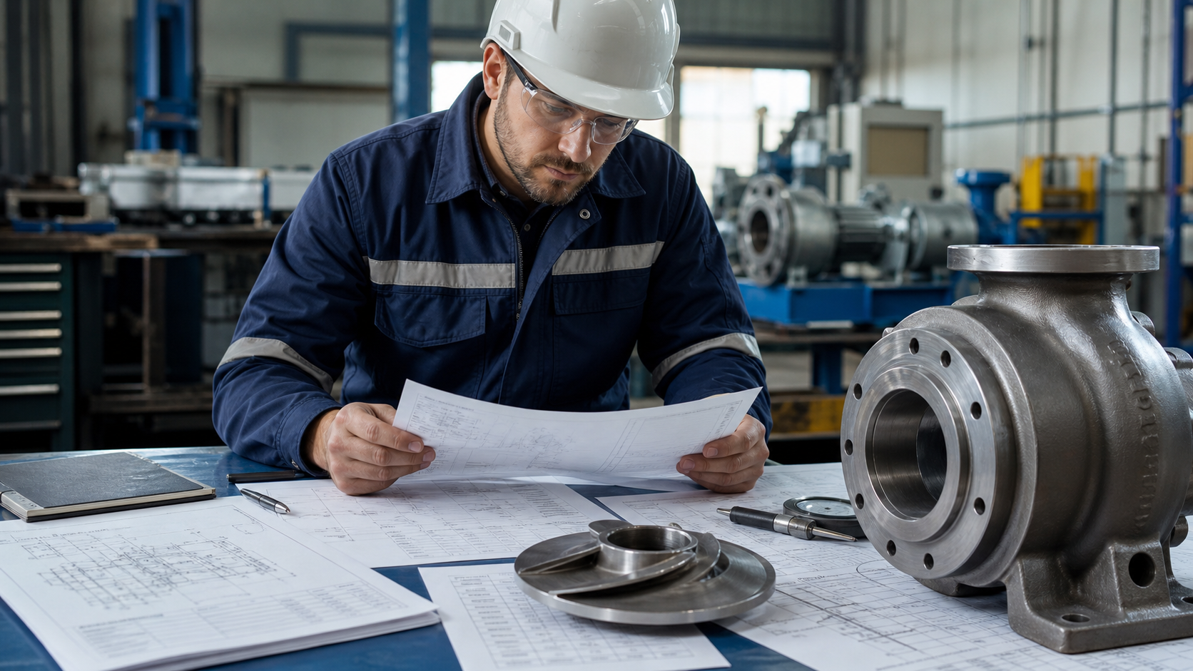 Maintenance engineer reviewing ANSI pump standards compliance documents