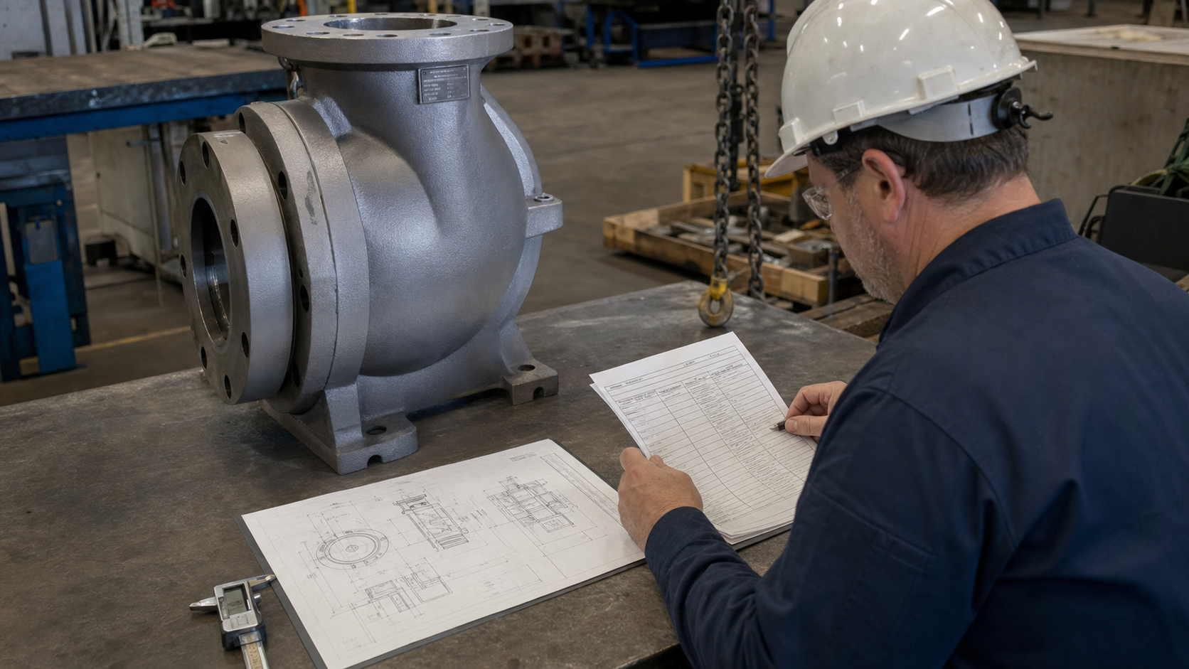 Inspector checking an ANSI pump casing, drawing and inspection report
