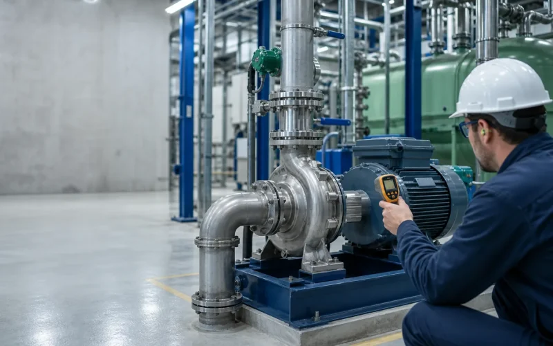 Maintenance engineer using an infrared thermometer to monitor an ANSI process pump