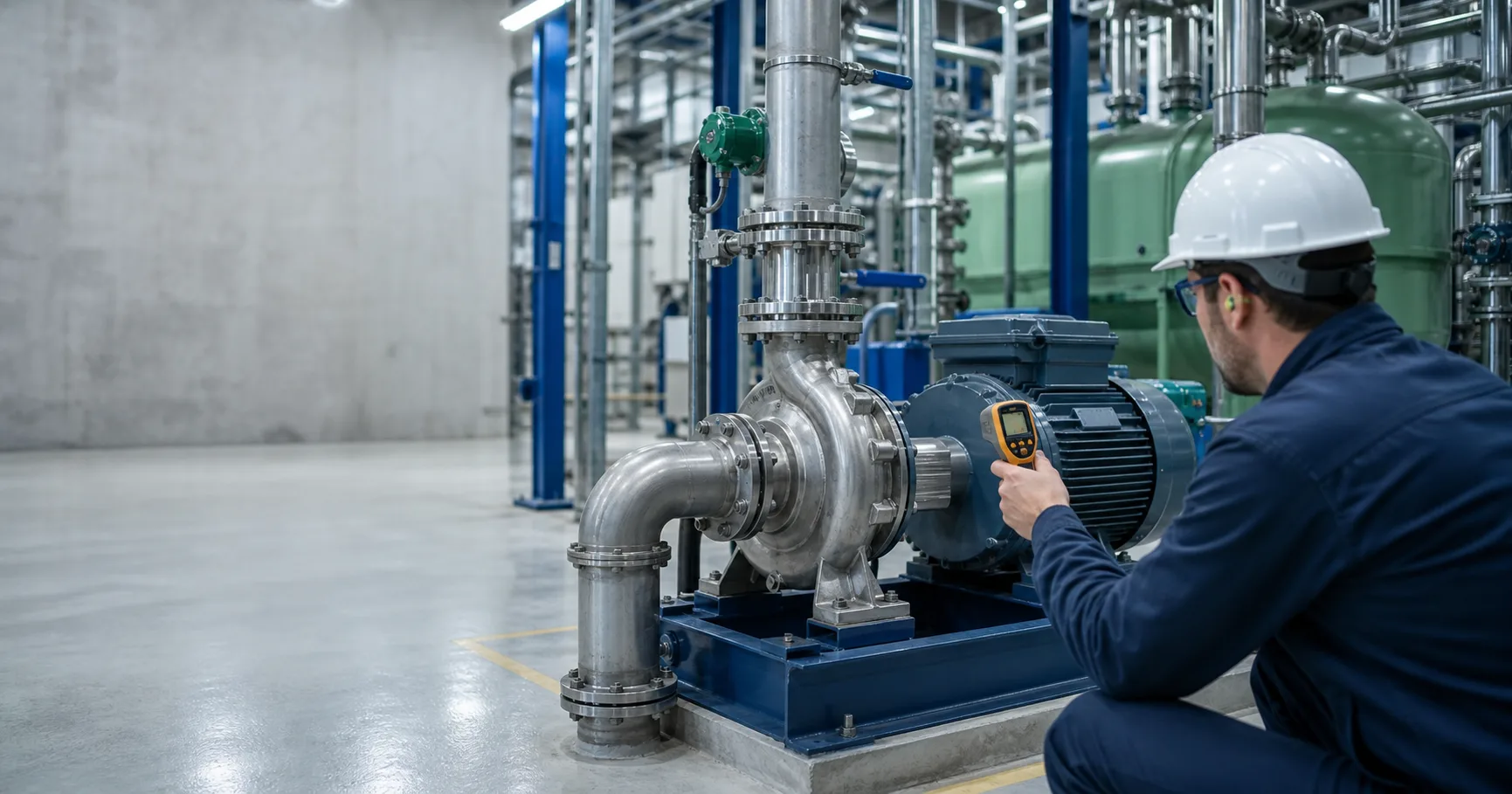 Maintenance engineer using an infrared thermometer to monitor an ANSI process pump
