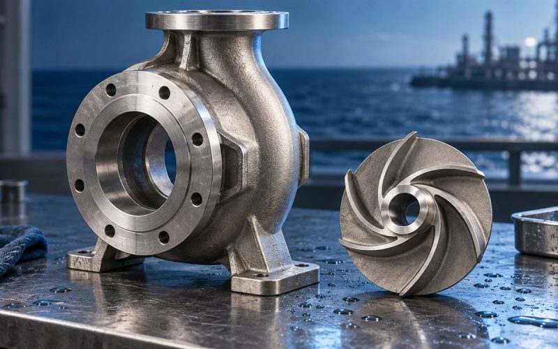 AI-generated editorial illustration of a generic centrifugal pump casing and impeller for seawater service