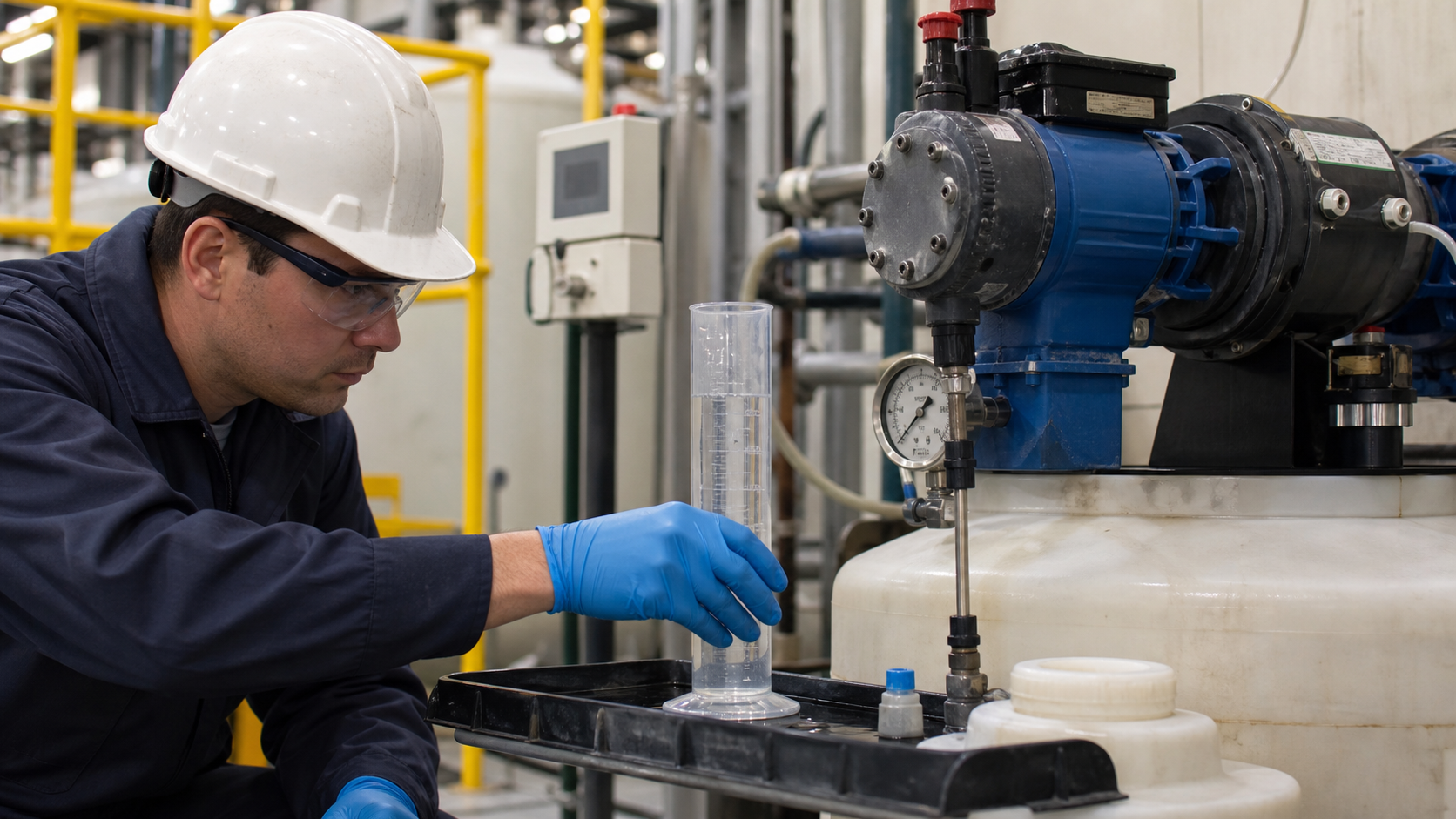 Technician calibrating a chemical dosing pump with a graduated cylinder and pressure gauge