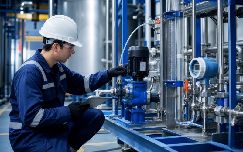 Engineer checking a chemical feed pump, injection line and flow instrumentation