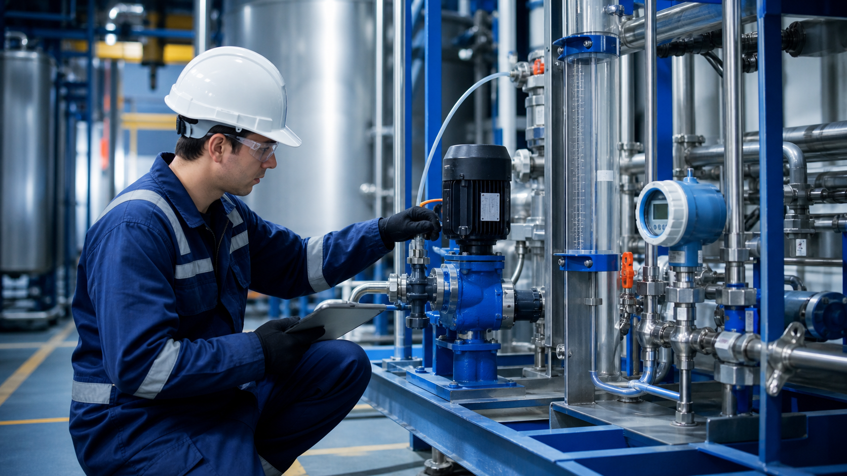Engineer checking a chemical feed pump, injection line and flow instrumentation