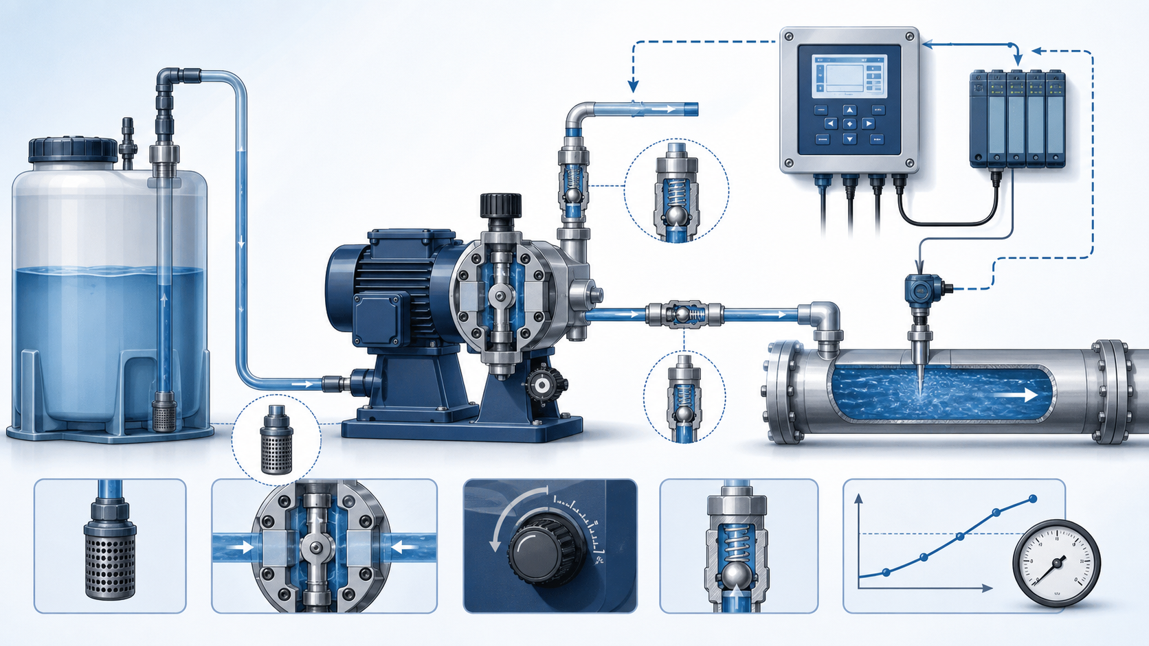 Chemical feed pump operation diagram showing suction, discharge, check valves and control feedback