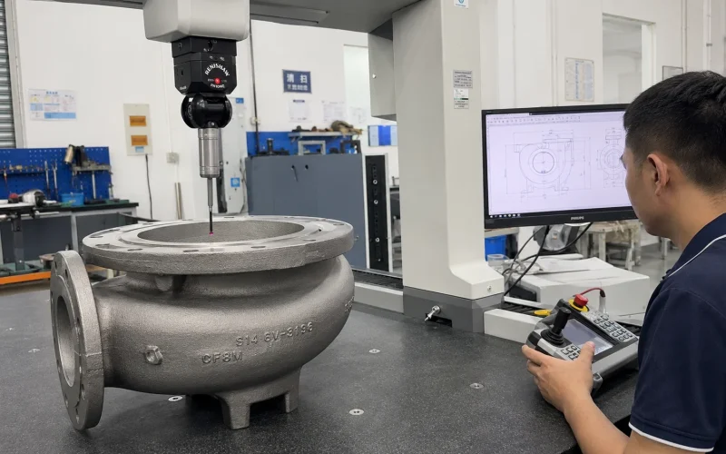 Illustrative coordinate-measuring-machine setup checking a pump-casing interface