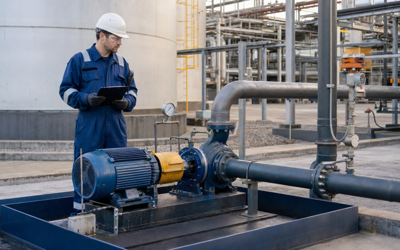Engineer supervising safe corrosive chemical transfer through a contained centrifugal pump