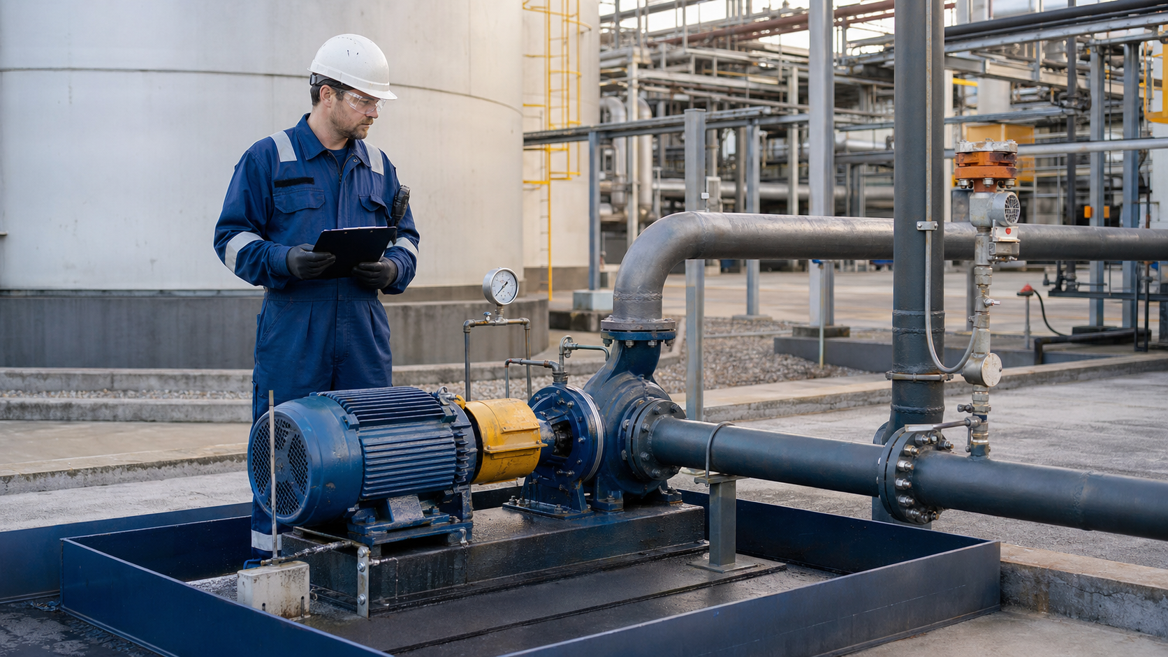 Engineer supervising safe corrosive chemical transfer through a contained centrifugal pump