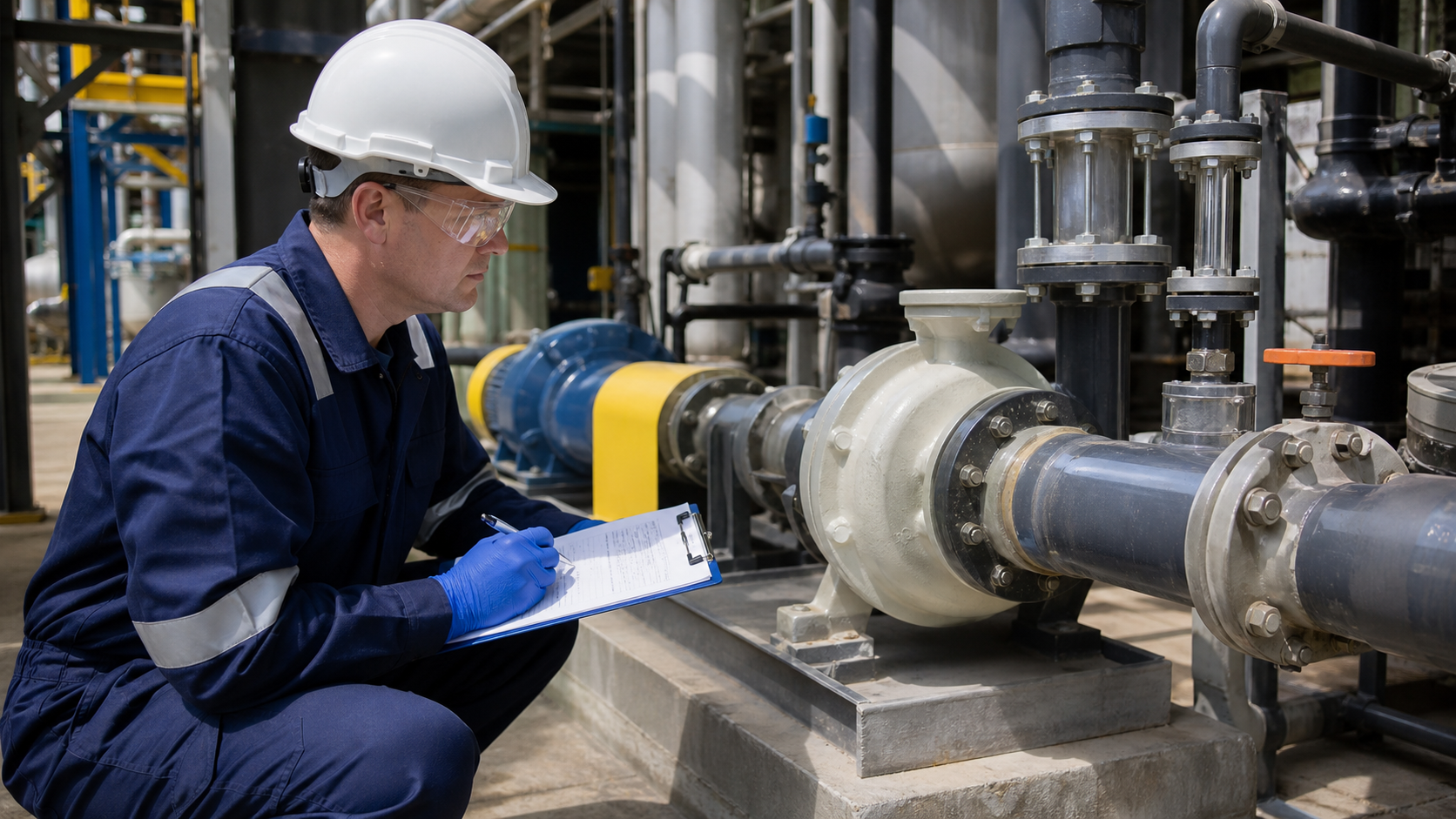 Technician inspecting a corrosion-resistant centrifugal pump and chemical transfer piping