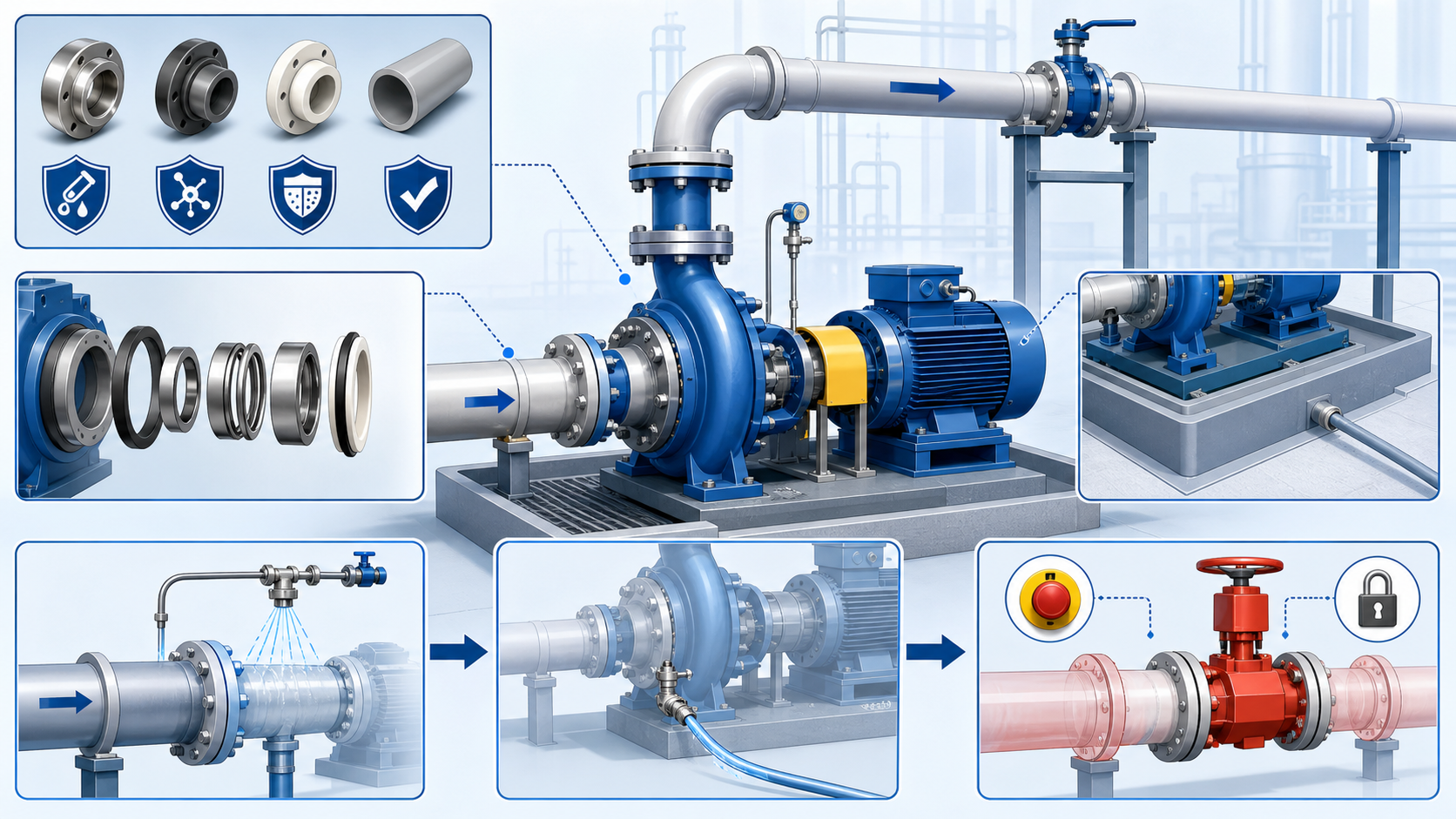 Corrosive chemical pump safety workflow covering materials, seals, containment and isolation