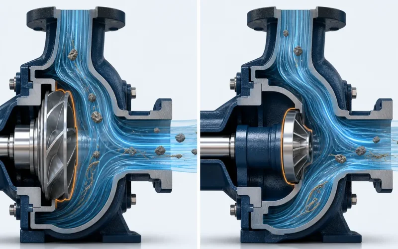 CV3196 recessed impeller vortex flow compared with conventional 3196 pump flow path