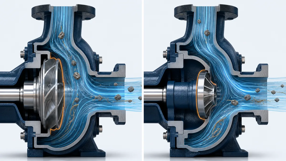 Conventional impeller and recessed impeller hydraulic flow paths with solids and fibres