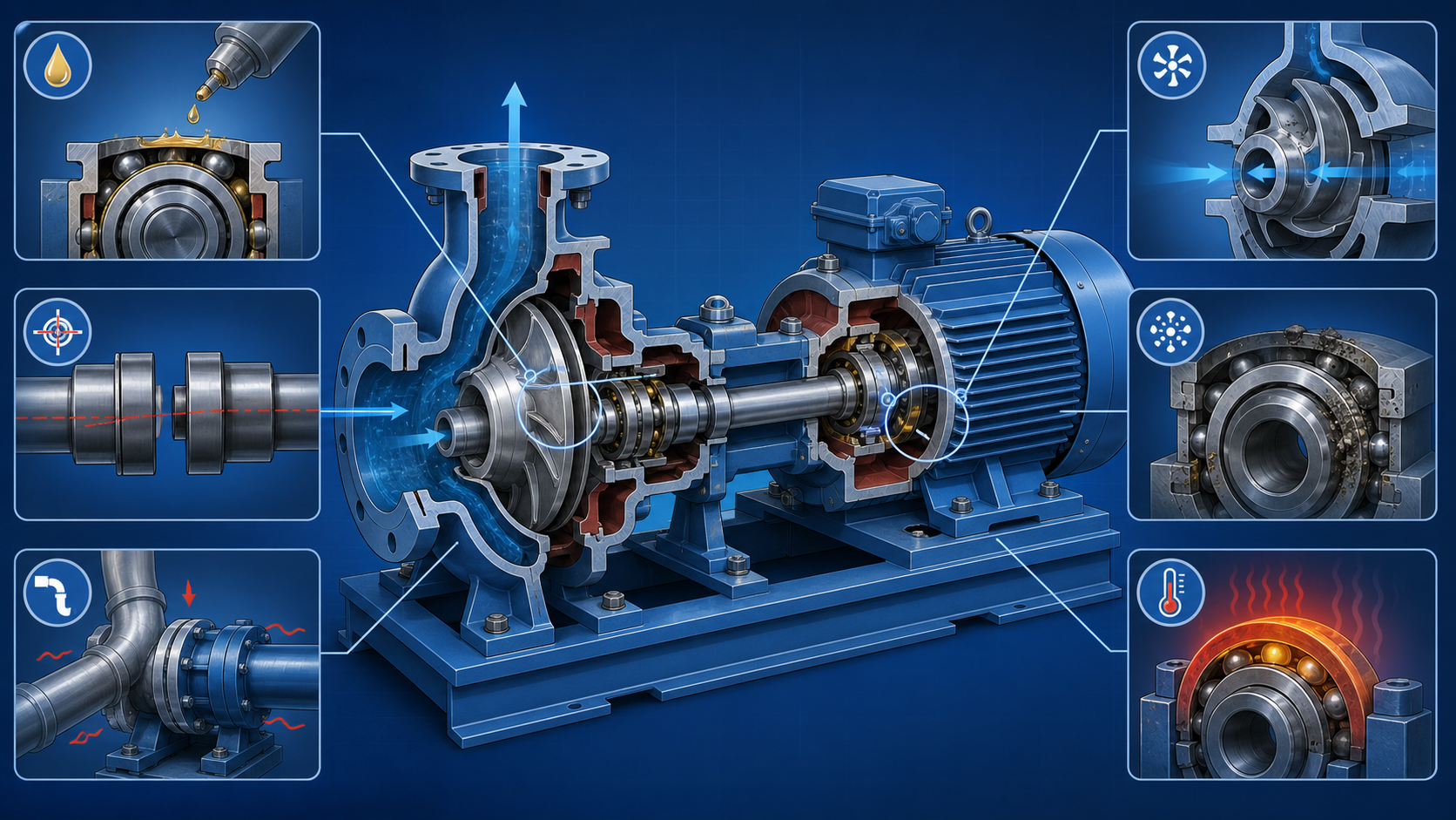Cutaway illustration of centrifugal pump bearing failure causes including lubrication, misalignment and heat
