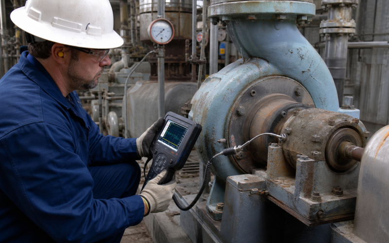 Engineer diagnosing a Durco Mark III style ANSI pump bearing with vibration and temperature tools